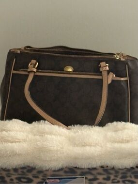 Coach Dark Brown Signature Satchel with Tan Trim